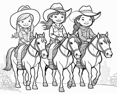 Színező három cowboykalapos lánnyal, akik egymás mellett lovagolnak pónikon
